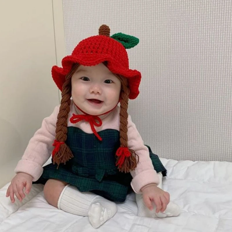 

Autumn Winter Knitted Baby Wig Hat Newborn Wigs Brades Ear Protection Ruffle Cap
