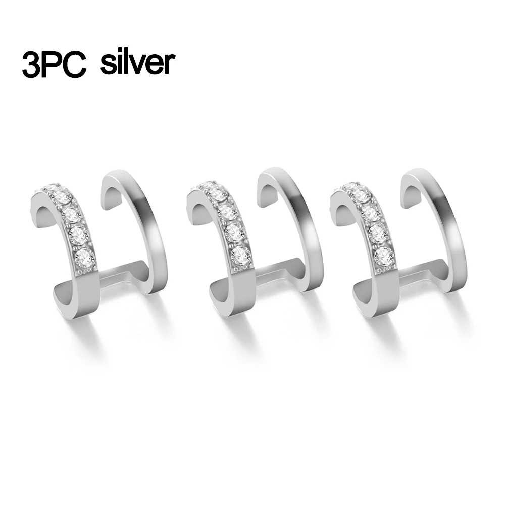 Silver 3Pcs 1/3 шт модные серьги в стиле панк с кристаллами и геометрическими ушами на клипсах, CZ манжета, не пирсинг, клипсы, двойная полоса, серьги-манжеты, стразы, ювелирные изделия - Окраска металла: Silver 3Pcs
