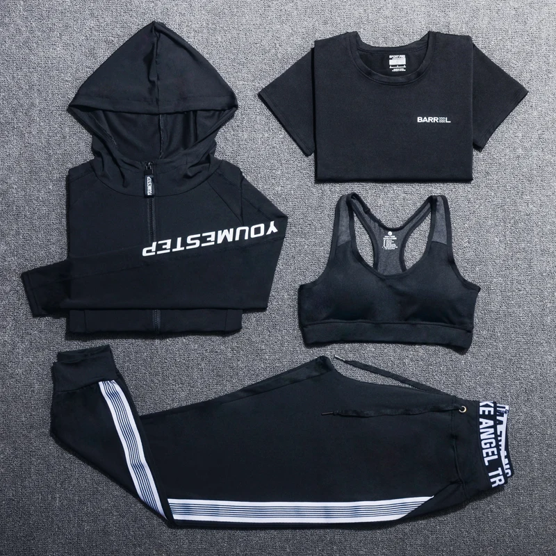 Женский спортивный комплект из 5 предметов: бюстгальтер + футболка пальто шорты