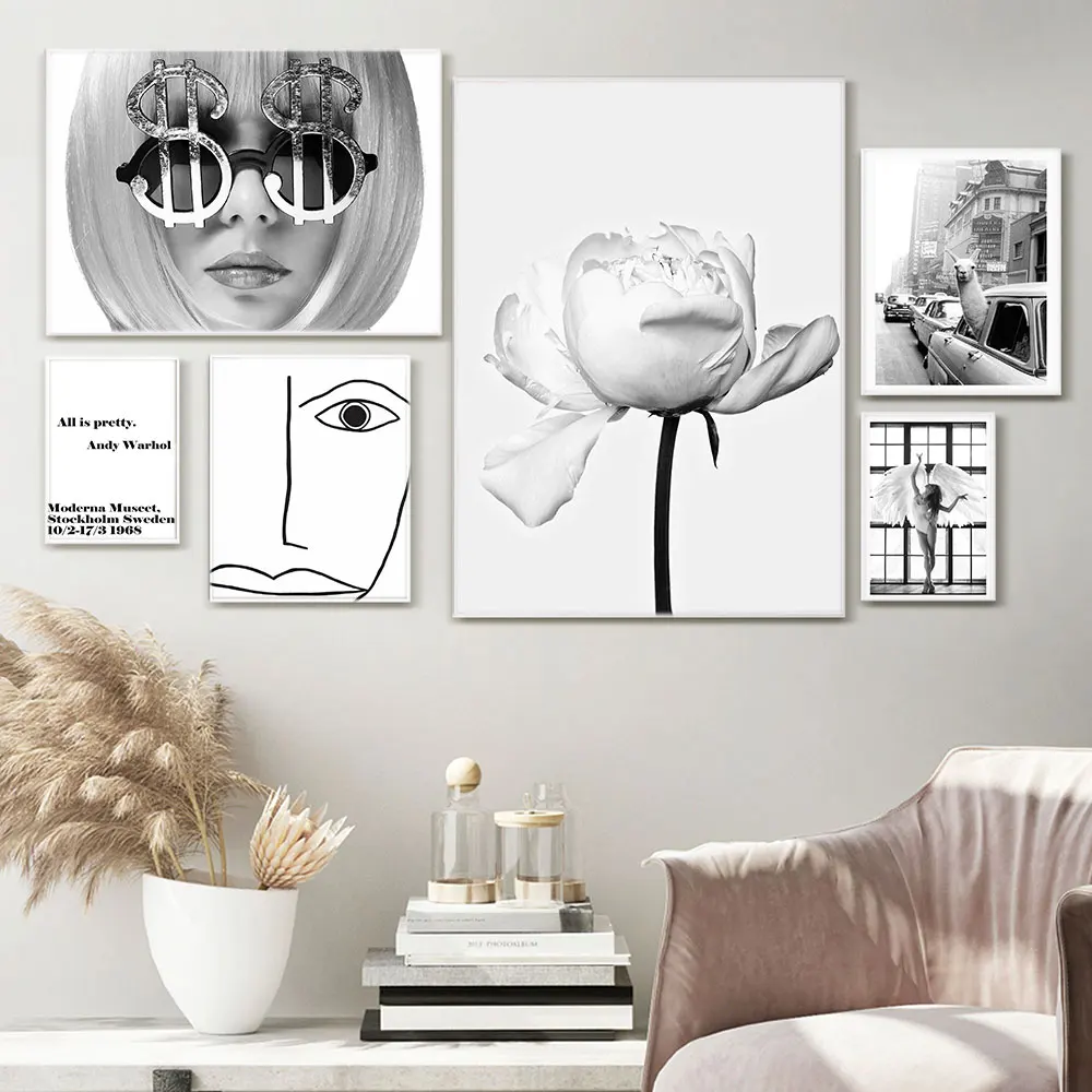 

Fashion Woman Poster flower Canvas Painting Minimalist Wall Art Print Nature Black White Picture For Living Room Decor Modern