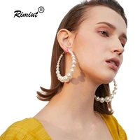 women new boho white imitation pearl round circle hoop earrings women gold color big earings jewelry statement clip on earrings