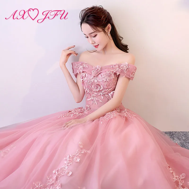 

AXJFU luxury princess pink lace bride evening dress vintage boat neck rose beading flower host ball gown stage evening dress