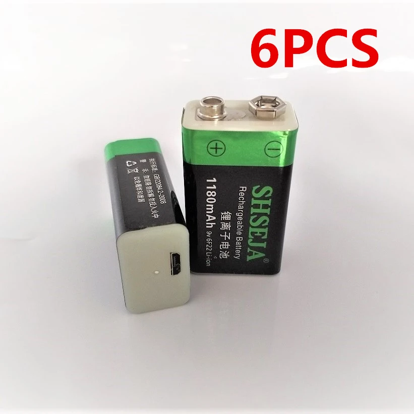 6 шт./лот 9 В 1180 мАч литий-ионная батарея 6F22 USB перезаряжаемая детектор игрушка