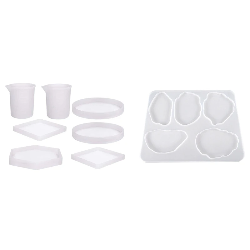 5pcs Coaster Molds Round Hexagon and Square with 2 Measurement Cup & 1pcs Agate Slice Silicone Mold 5-Cavit | Дом и сад