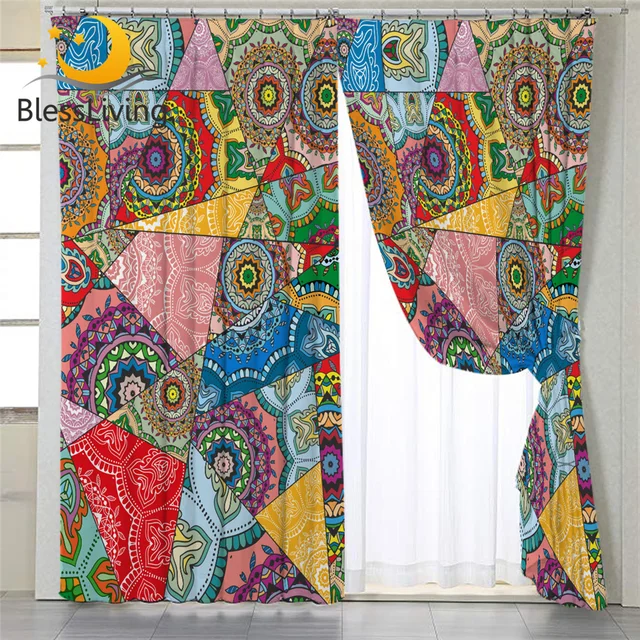 BlessLiving Flower Bedroom Curtain Colorful Patchwork Rod Pocket Curtain Vibrant Floral Mandala Living Room Curtain for Girl 1PC 1