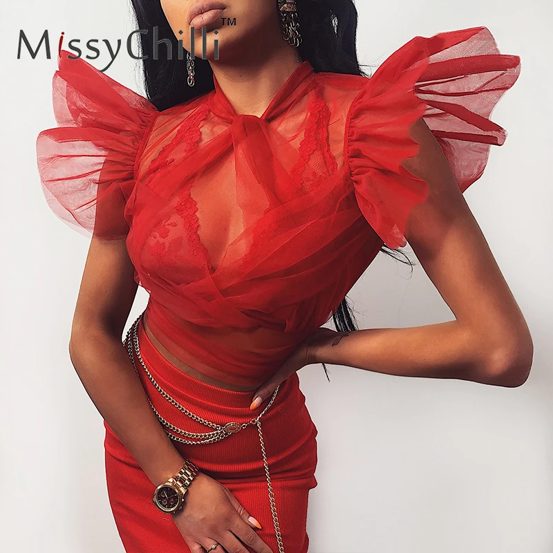 Женский сетчатый прозрачный топ MissyChilli красный короткий летняя рубашка без
