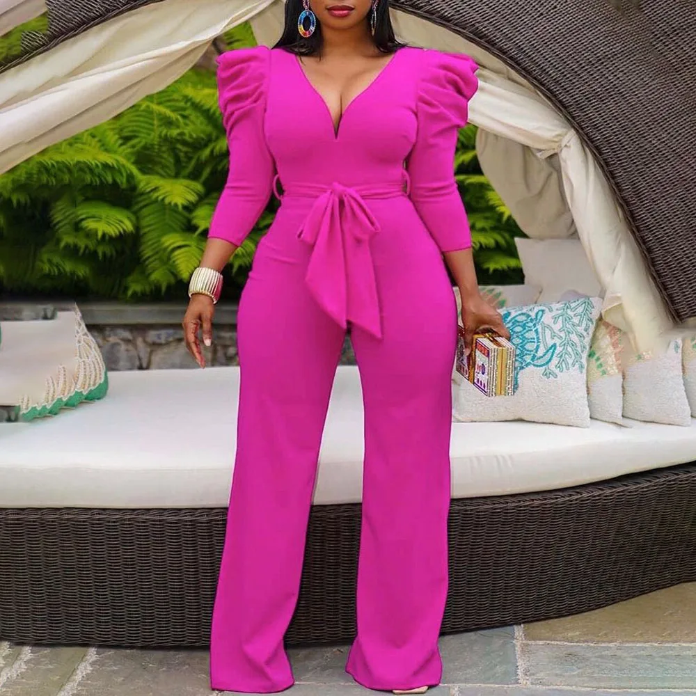 

2021 Women's Temperament Commuter V-neck Trousers Jumpsuit Straight Wide Leg Pants Puff Sleeve Belt Solid Color African