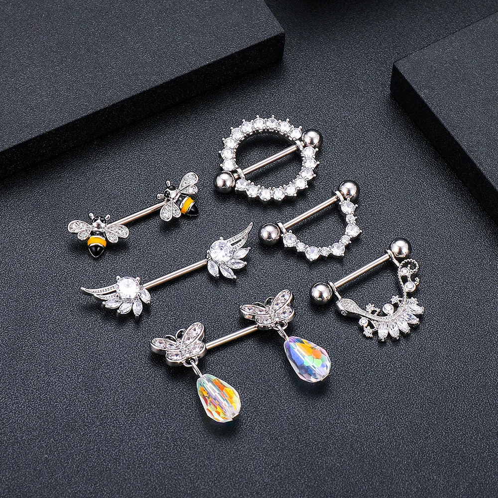 2PCS Surgical Steel Crystal Flower Nipple Rings Sexy Body Piercing Moon Bees Jewelry Snow Barbells Heart | Украшения и аксессуары