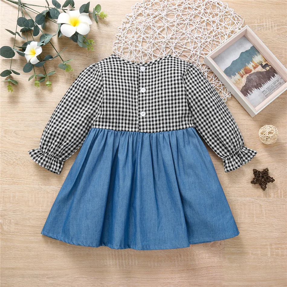 

WenaZao Little Girl’s Casual Long Sleeve Dress Fashion Plaid Stitching A-line Dress Kid Girls Autumn Casual Dresses
