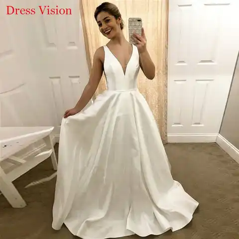 платье Simple Satin Deep V-neck Backless Wedding Dresses Vestido De Noiva Robe De Ssoirée De Mariage Свадебное платье