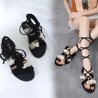 2021 summer new flat tie pearl tassel womens sandals shoes for women platform shoelaces ankle straps sexy open toe beach shoes