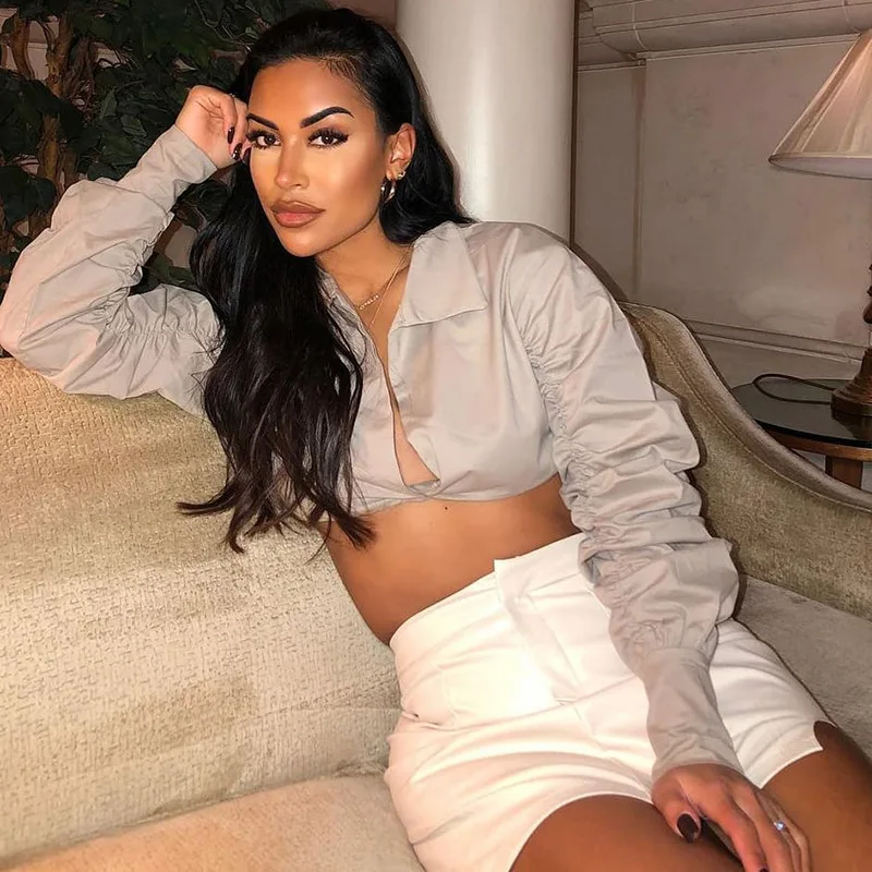 

KAISENDZ V Neck Ruched White Puff Sleeve Blouse Shirts Women Long Sleeve Fashion Clothing Crop Blouses Solid Slim Hot