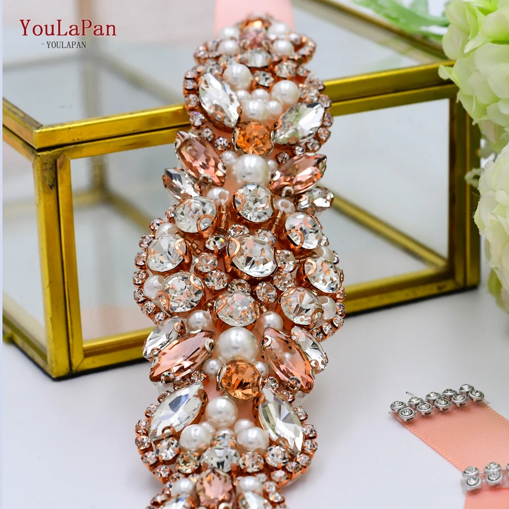 

YouLaPan S426 Rose Gold Bridal Belt Crystal Bride Sash Bridal Belt Diamante De Imitacion Aplique Beading Wedding Belt Rhinestone