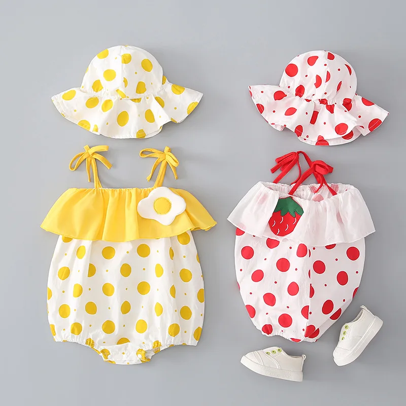 

2 Sets/lot Newborn Infant Baby Girls Bodysuit+Hat 2pcs/set Summer Dots Print Jumpsuit Playsuit Baby Girls Costumes 0-2Y