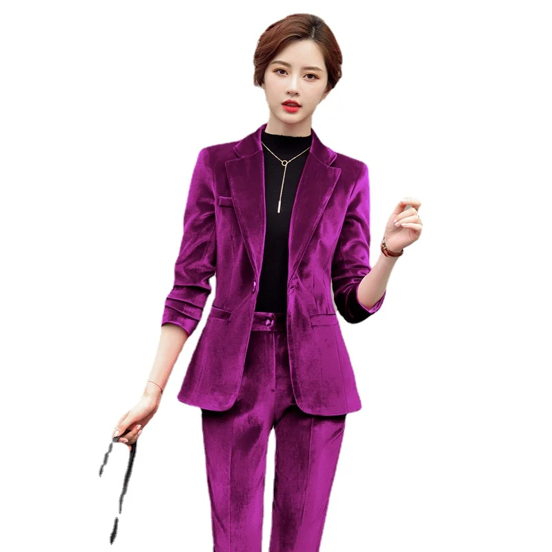 

Autumn and Winter New Foreign Style High End Professional President Fan Long Sleeve Suede Suit Two Pieces Ol Suit Women's Blazer