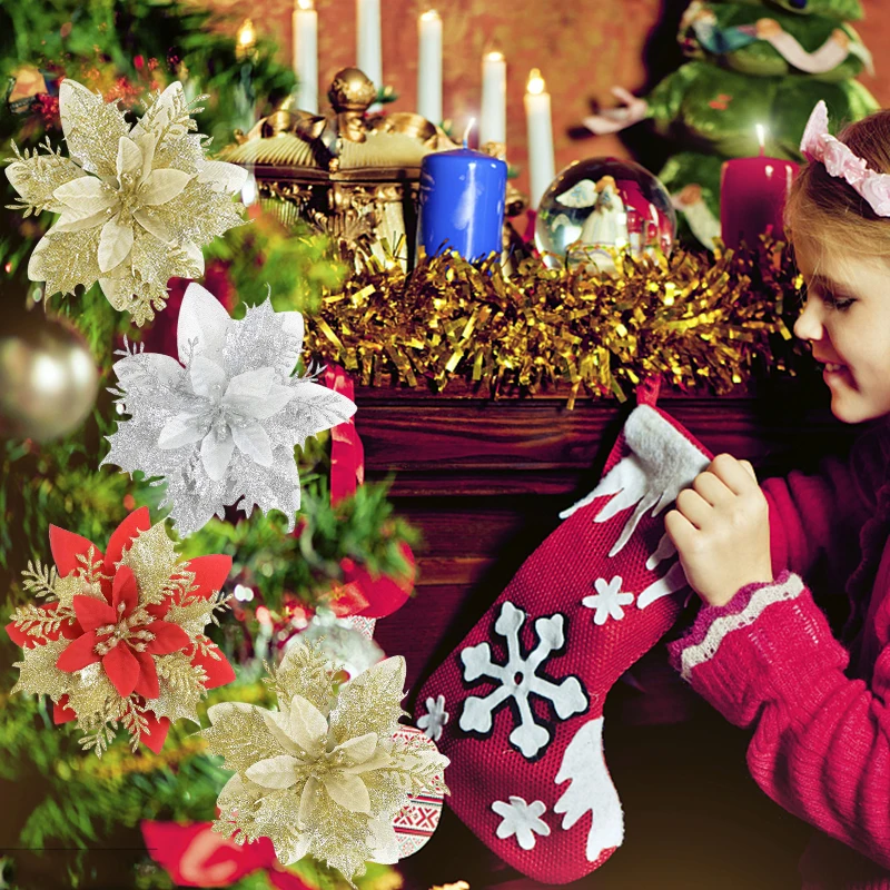 

Wedding Christmas Decorations for Home New Year 2023 Glitter Artificial Flower Golden Pink Rattan Flower Decorative Xmas Tree