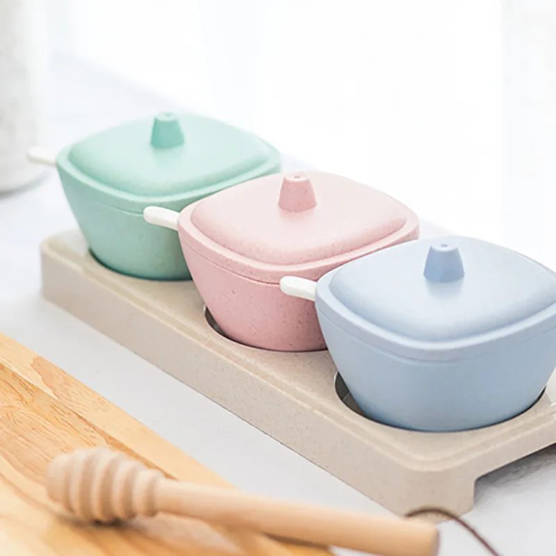 Kitchen Supplies Wheat Nordic Creative Seasoning Containers Salt Sugar Box Three Condiment Dispenser Spice Jar | Дом и сад