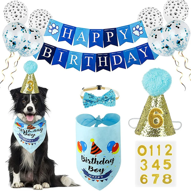 

Pet Birthday Decoration Set Dog Clothes Party Decor For Dog Cat Hat Pull Flag Saliva Towel Birthday Props Set Pet Accessories