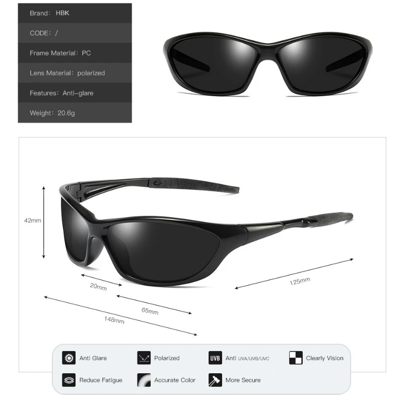 Солнцезащитные очки HBK Мужские поляризационные легкие антибликовые для спорта