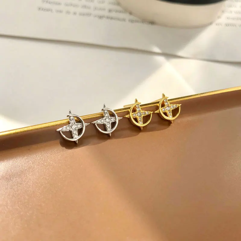 

S925 sterling silver four-pointed star semicircular shape earrings simple design temperament zircon diamond earrings