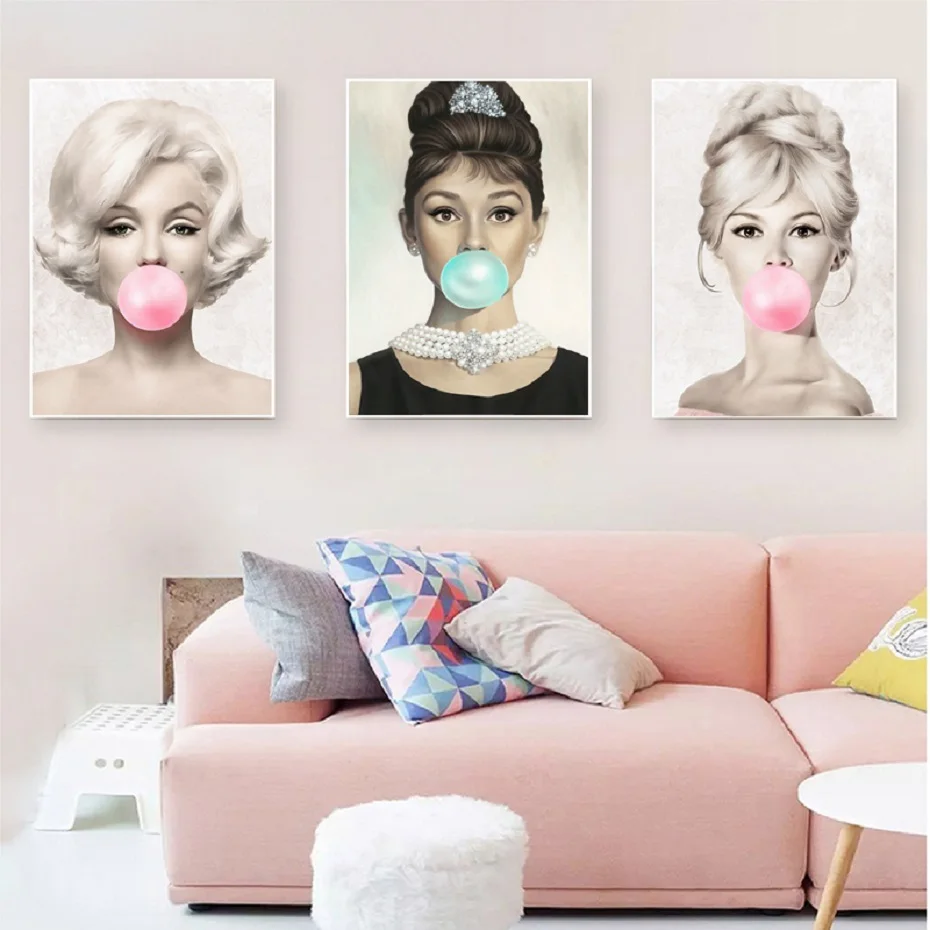 

Audrey Hepburn Bubble Gum Stars Wall Art Nordic Canvas Fashion Brigitte Girls Room Posters Prints Painting Pictures Home Decor