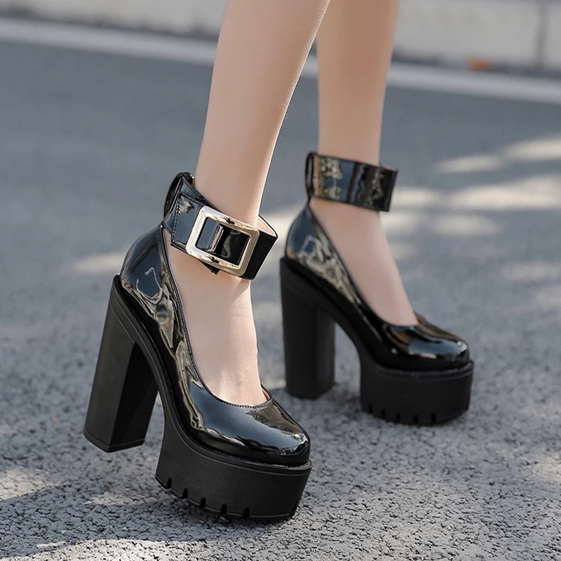 

Chunky Heel 13cm round Toe Catwalk Super High Heels Women's Platform Patent Leather Pumps Cheongsam Model Performance Shoes