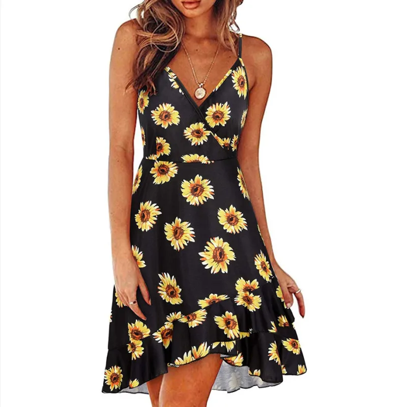 

Summer New Women Sexy V-Neck Suspender Dress Fashion Print Cross Irregular Ruffle Dress Ladies Backless High Waist Elegant Dress