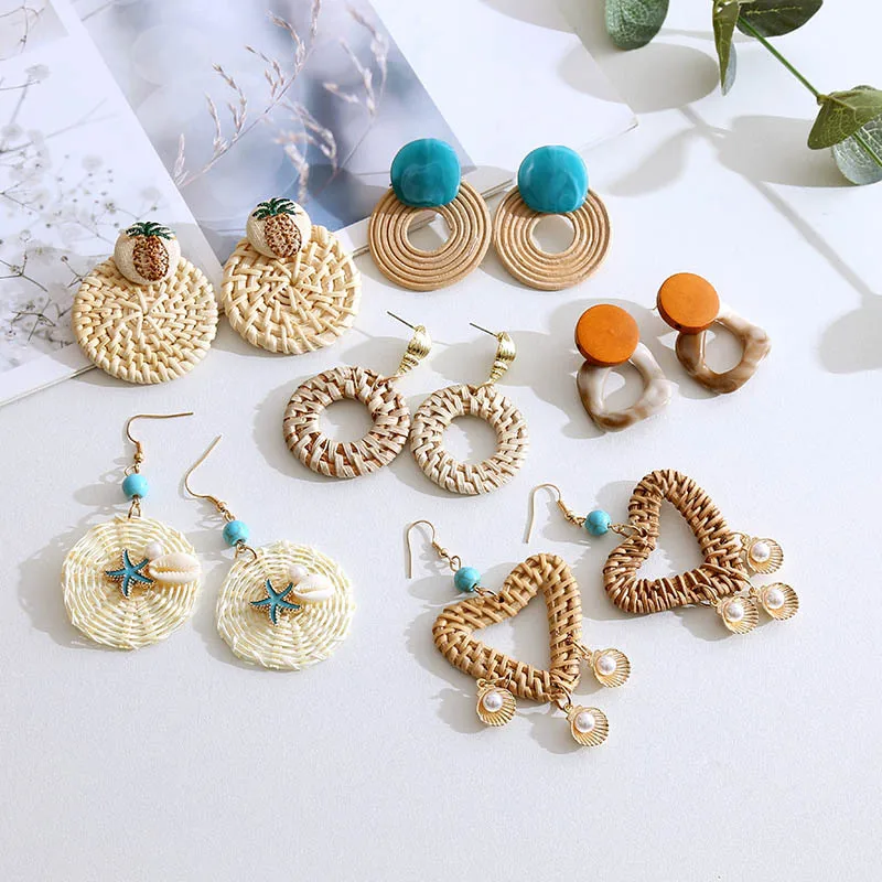 Серьги из ротанга серьги в виде ракушек богемные кольца коричневые деревянные