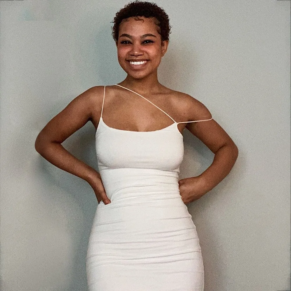 

Women Summer Long Dress Sexy Spaghetti Strap Sleeveless Irregular Knee Length Dress Bodycon White Dress vestidos de mujer