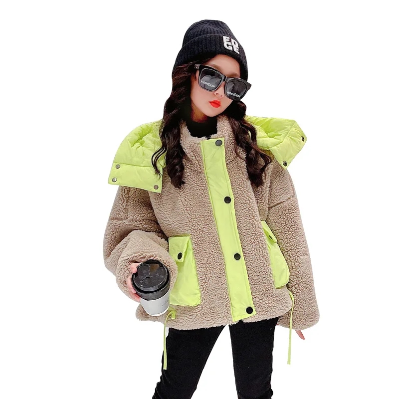 

Teens Girls Winter Casual Fashion Hooded Jacket Children Fleece Warm Patchwork Pocket Outwear Kids Windproof Sport Tops 8 10 12Y