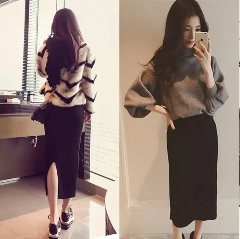 

Autumn and winter fashion thick pocket hip skirt skirt high waist elastic large size fork step skirt plus size skirt