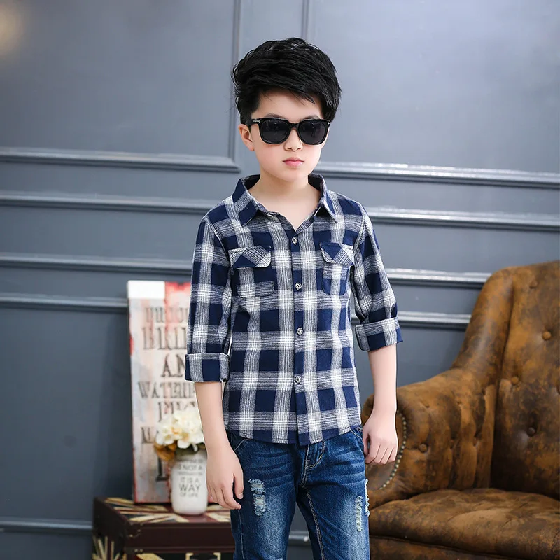 Модная клетчатая рубашка для мальчиков на весну и осень детская одежда