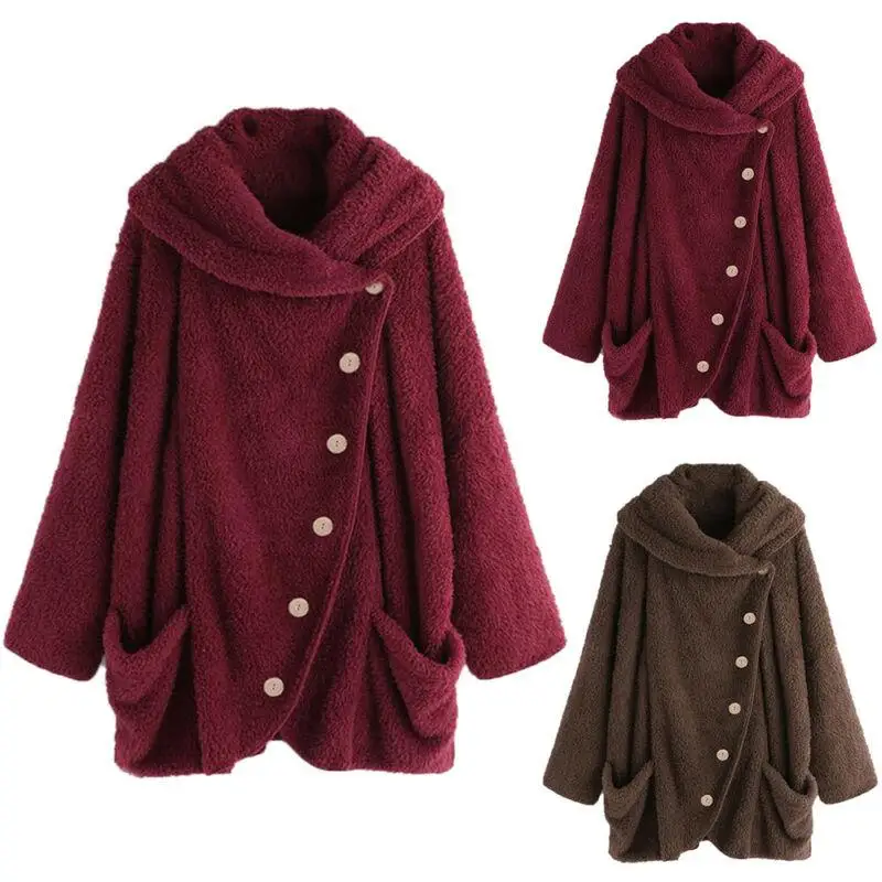 

Winter Coat Female Fleece Bat Sleeve Pocket Warm Jacket Loose Coats Winter Warm Button Turn-down Collar Casual Women's Coat