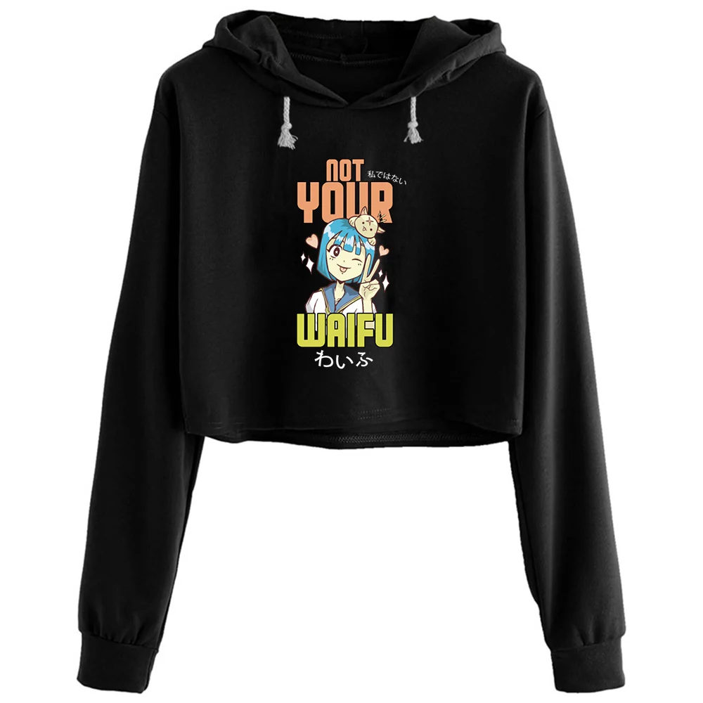 

No Waifu Crop Hoodies Women Harajuku Anime Emo Aesthetic Pullover For Girls