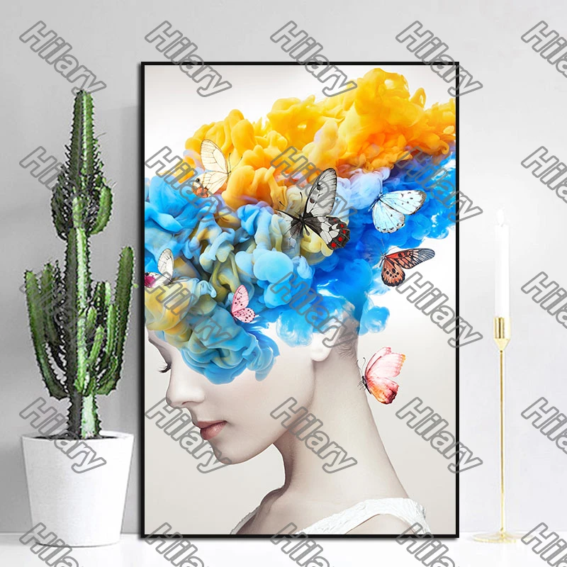 

Poster Figure Flowers Butterfly Girl Canvas Painting Wall Art Home Decoration for Living Room and Bedroom Frameless Style