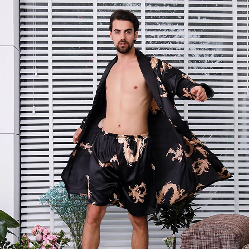 

Cozy Silky Satin Robe Set 7XL Long Sleeve Soft Dragon Dressing Gown 2PCS Bathrobe Shorts Suit Male Lounge Home Wear