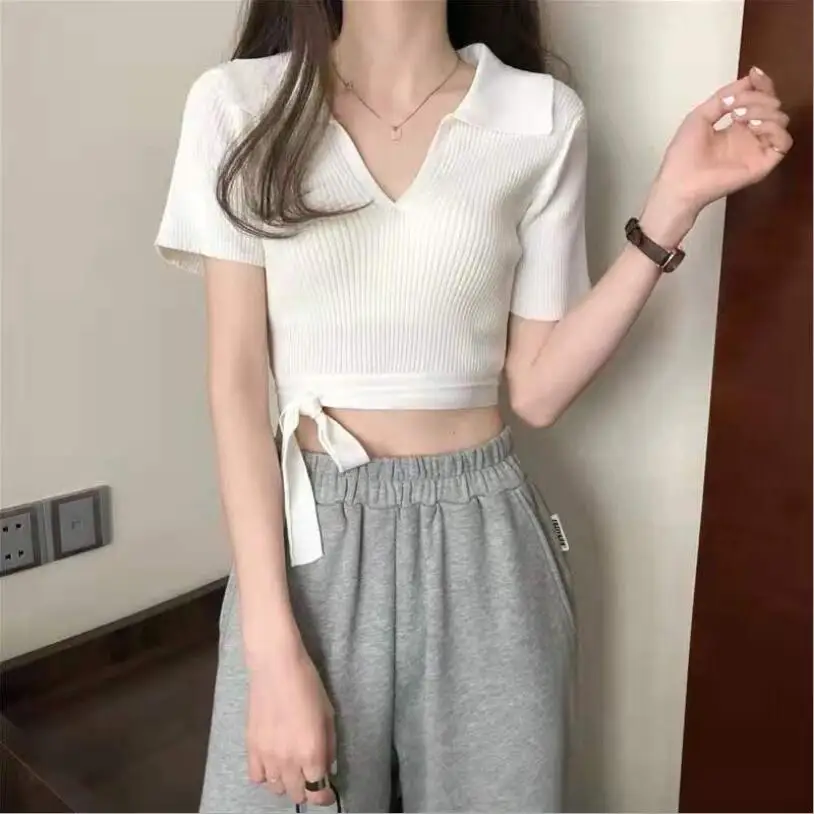 

Sexy Halter Strap Top V-neck Temperament Ladies Slim French Shirt Short Knitted T-shirt 2021 Summer Womans Fashion Tops