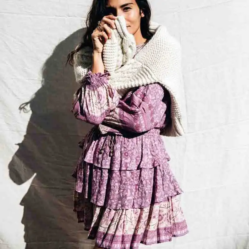Boho Inspird Mulberry Цветочная мини юбка эластичная талия шнурок веревка многоярусная с