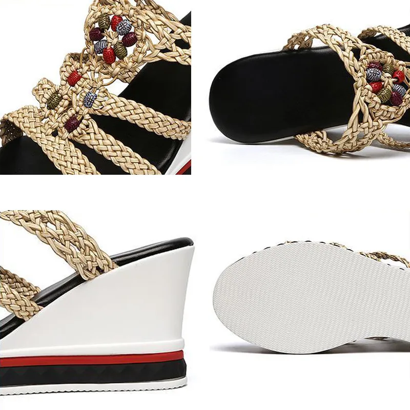 

Korean Style Heel Platform Shoes Designer Outdoor Non-slip Increase Rome Sandals Women Peep-Toe Wedges Hollow Out Slippers