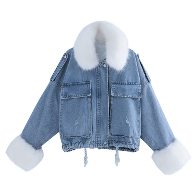 

Women Cotton Short Coat Winter New Korean Fashion Loose Thick Plush Liner Large Fur Collar Denim Solid Color Pie Overcome