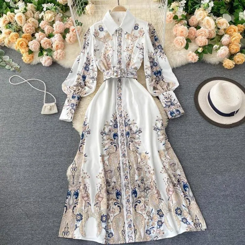 Женское винтажное платье-макси с длинным рукавом высокой талией и цветочным