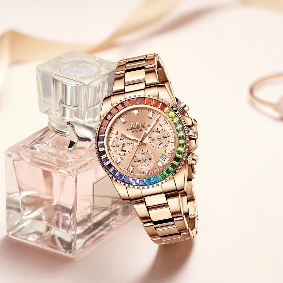

Women Watch BIDEN Brand Colorful Rhinestone Dial Chronograph Watches for Women Fashion Casual Silver Stainless Steel Wristwatch