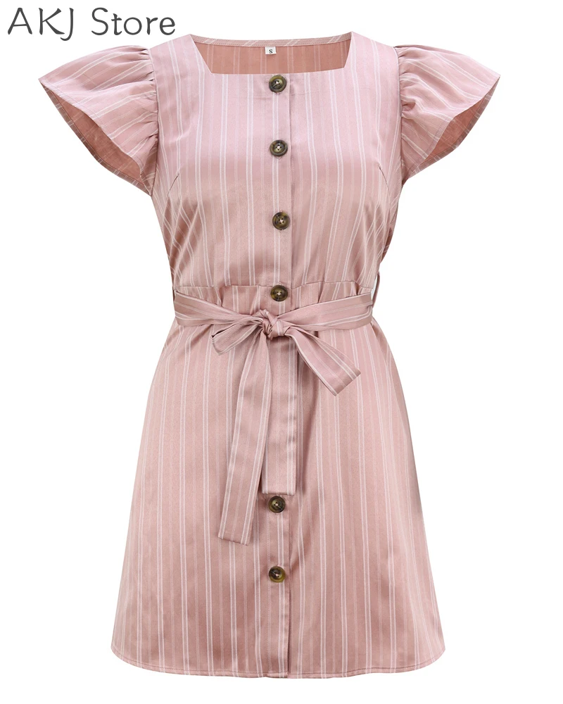 

Fashion Striped Mini Dress Single Breasted Design Women Square Collar Bow Tied High Waist Vestidos