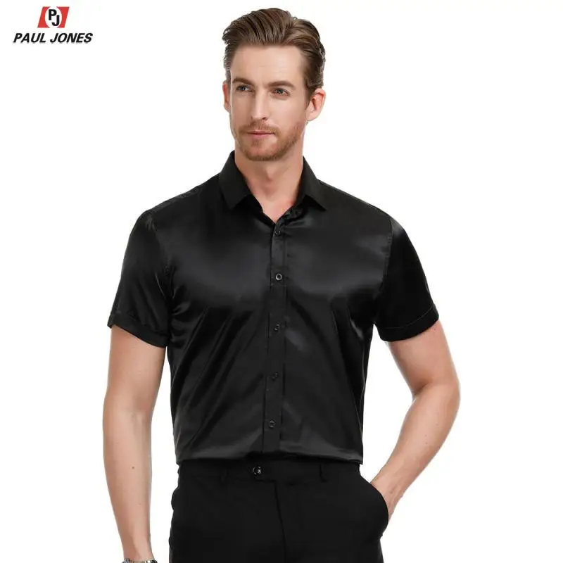 Мужская приталенная атласная рубашка с коротким рукавом PAUL JONES Повседневная