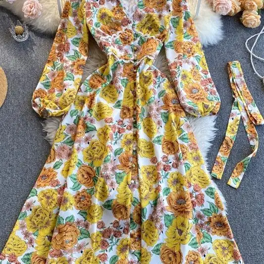 

Women's Vintage Lace V Neck Floral Long Dress Spring Autumn Elegant Lantern Sleeve Single Breasted Party Vestidos Casual Dresses