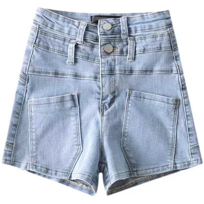 

WOMENGAGA Skinny Stretch Jeans Woman Summer High Street Fashion Double Waist Detail Pockets Washed Denim Hot Short 9MC6