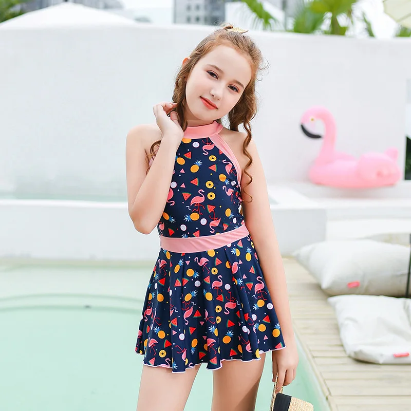 One Piece Conservative Swimsuit Skirt Korea Style Ruffle Swimwear Girls Big Kids Bathing Suit Summer Beach Dress Boxer Bottom | Спорт и