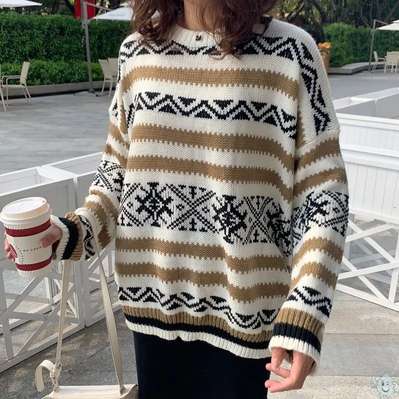 

SHIJIA Vintage Striped Oversized Sweater Woman Autumn Winter Round Neck Knitted Jumper Female Korean Fashion Preppy Pullovers