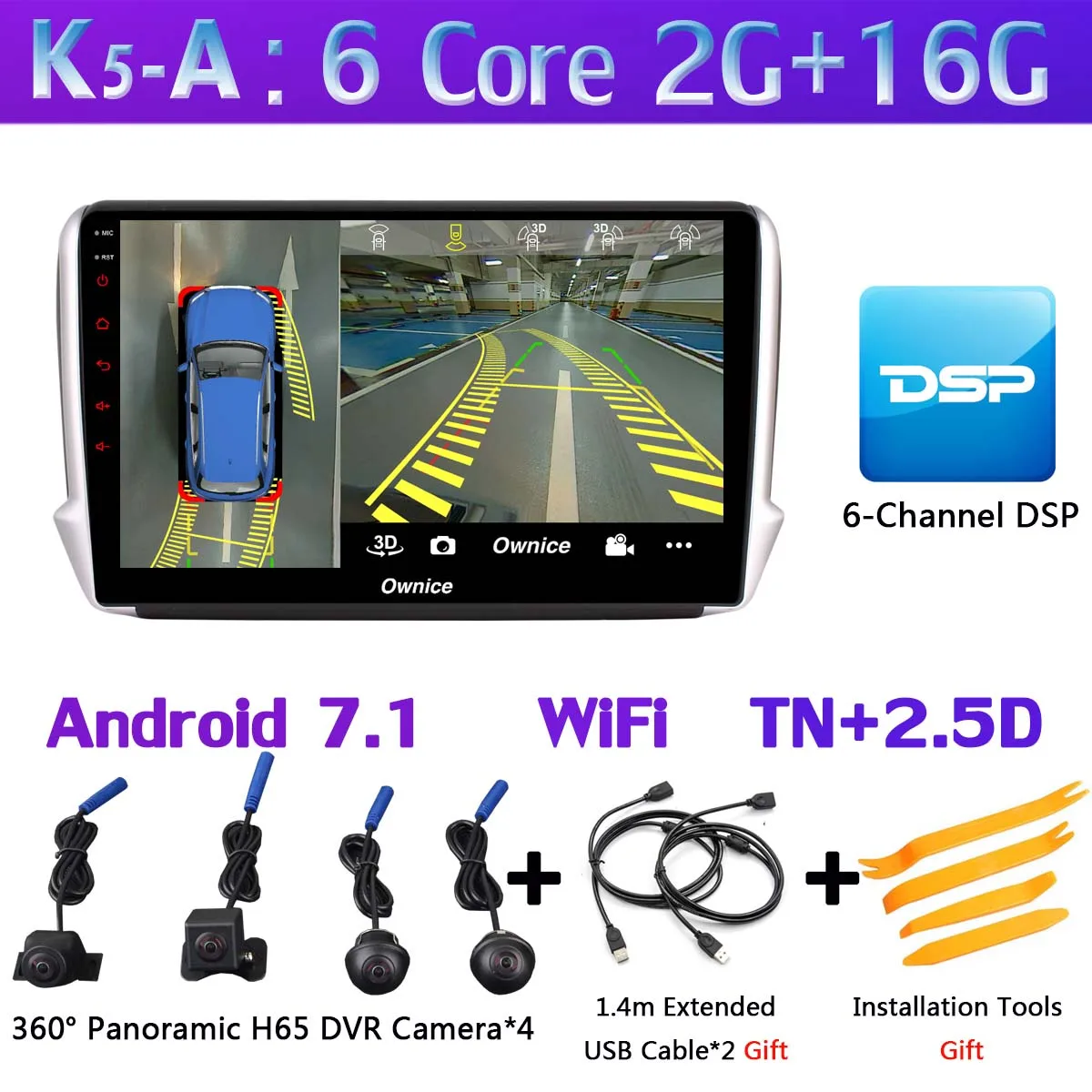 K5-A 1din 360 ° панорамная камера 4G LTE Android 9,0 4G+ 64G DSP CarPlay Автомобильный мультимедийный плеер для peugeot 2008 208- gps радио - Цвет: K5-A