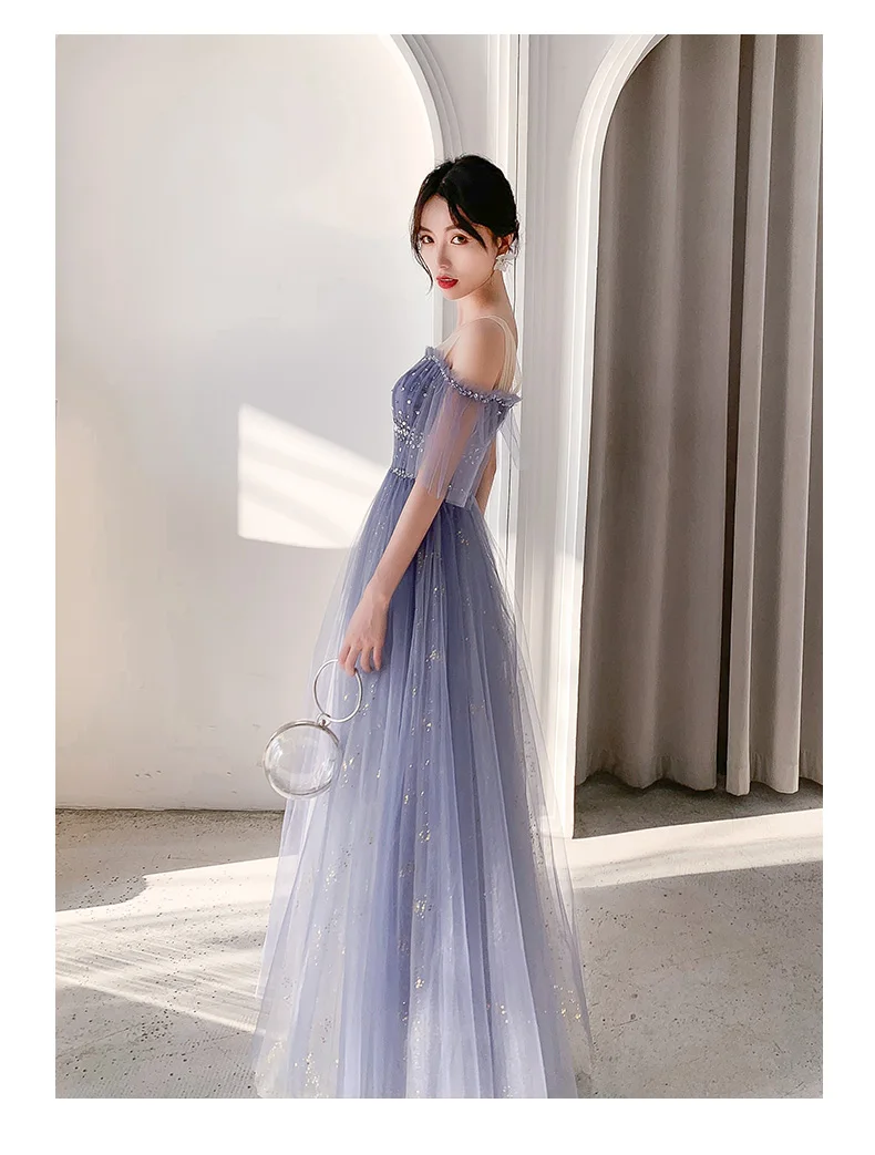 

Blue Elegant Evening Dress 2020 New A-Line O-Neck Sexy Off Shoulder Short Sleeve Beaded Sequined Floor Length Prom Gowns